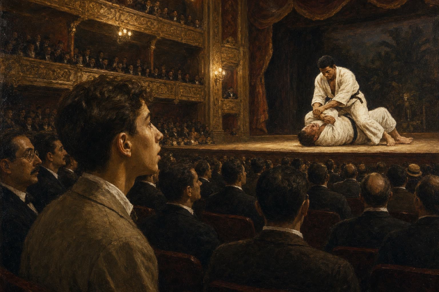 Young Carlos Gracie watching Mitsuyo Maeda defeat a larger opponent at the Theatro da Paz in Belém, 1917