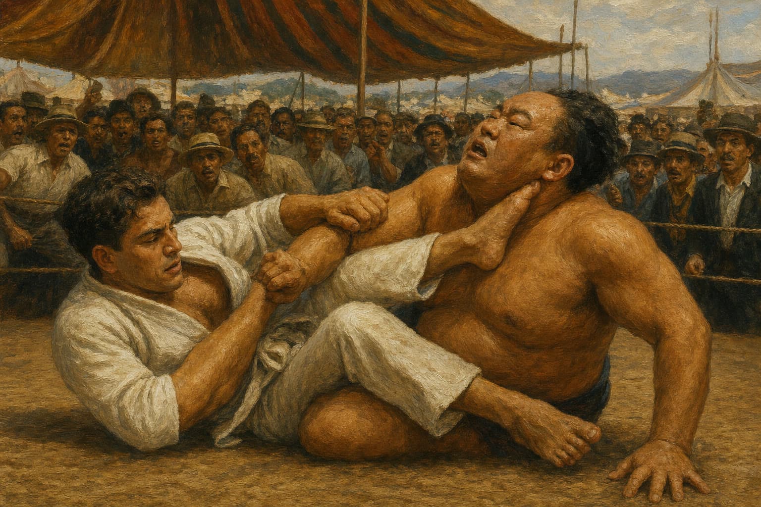 Carlos Gracie in a vale tudo challenge match against a larger opponent in 1930s Brazil