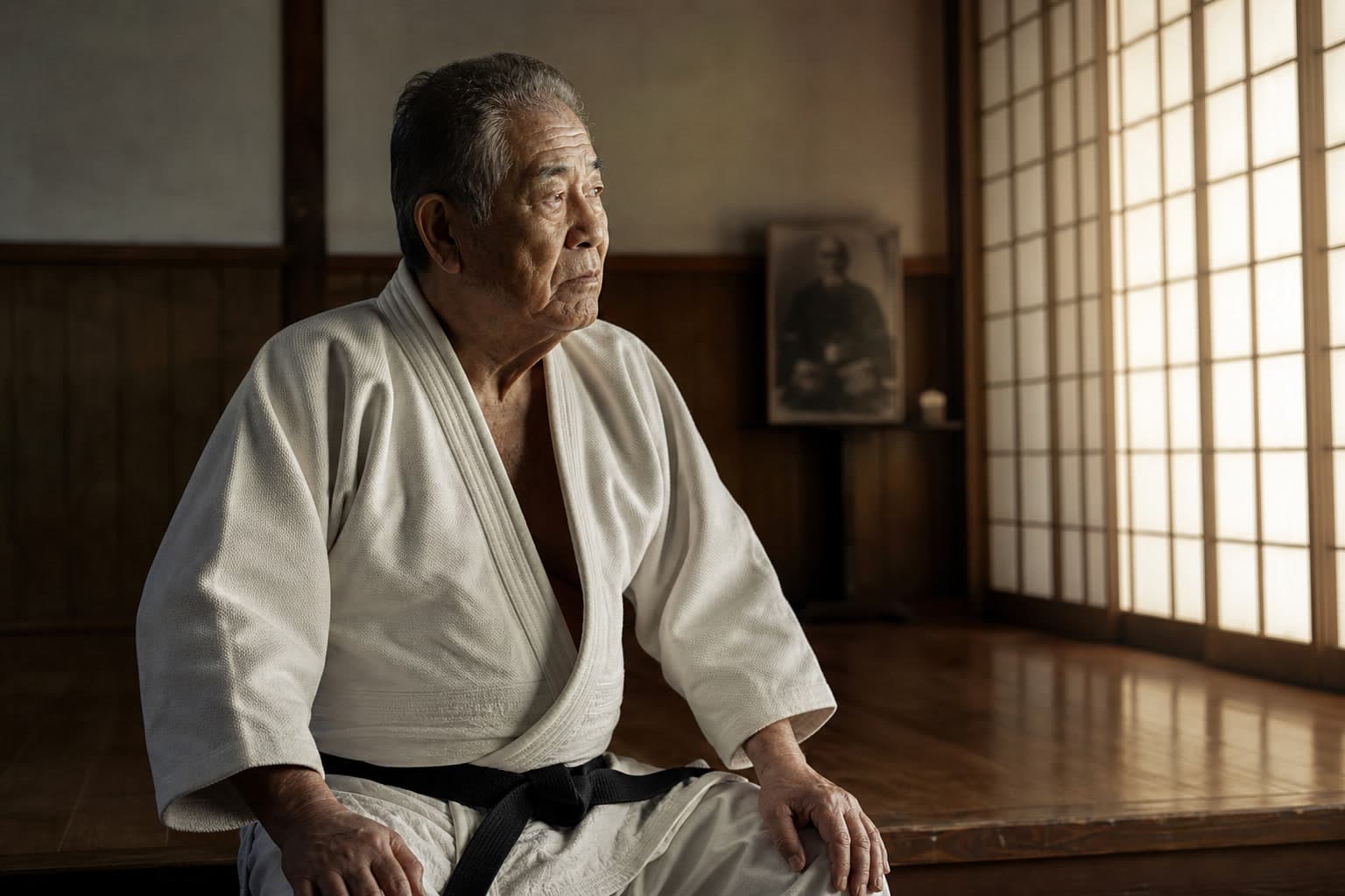 Masahiko Kimura in later years reflecting in a traditional Japanese dojo