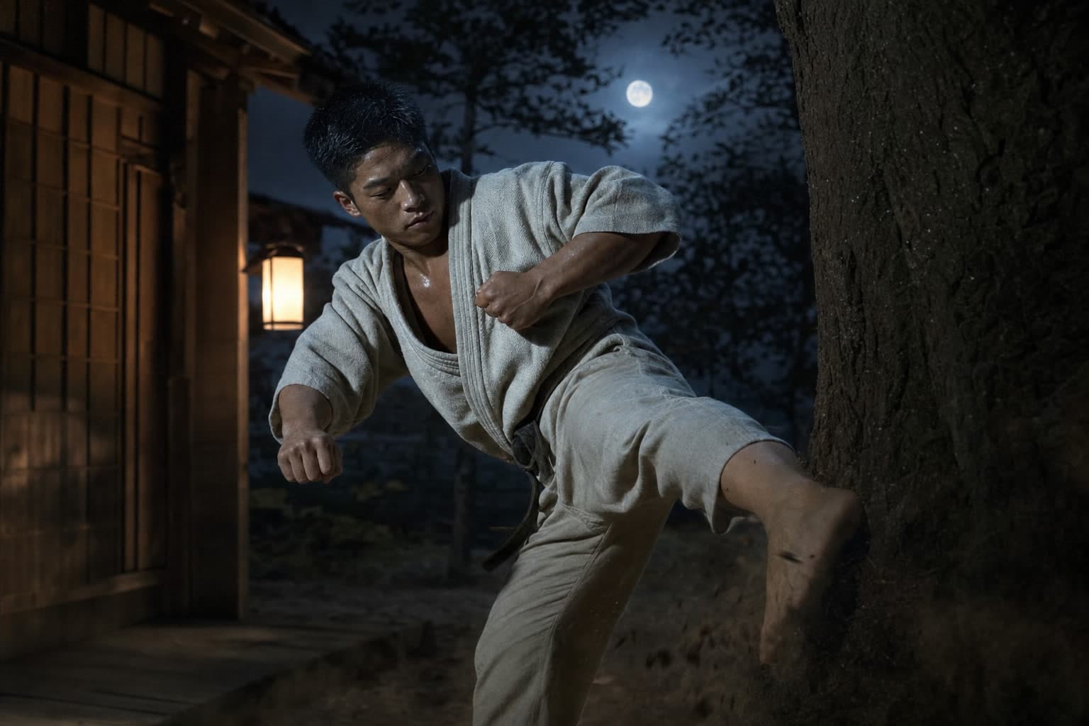 Young Masahiko Kimura practicing osoto-gari against a tree at midnight in 1930s Japan