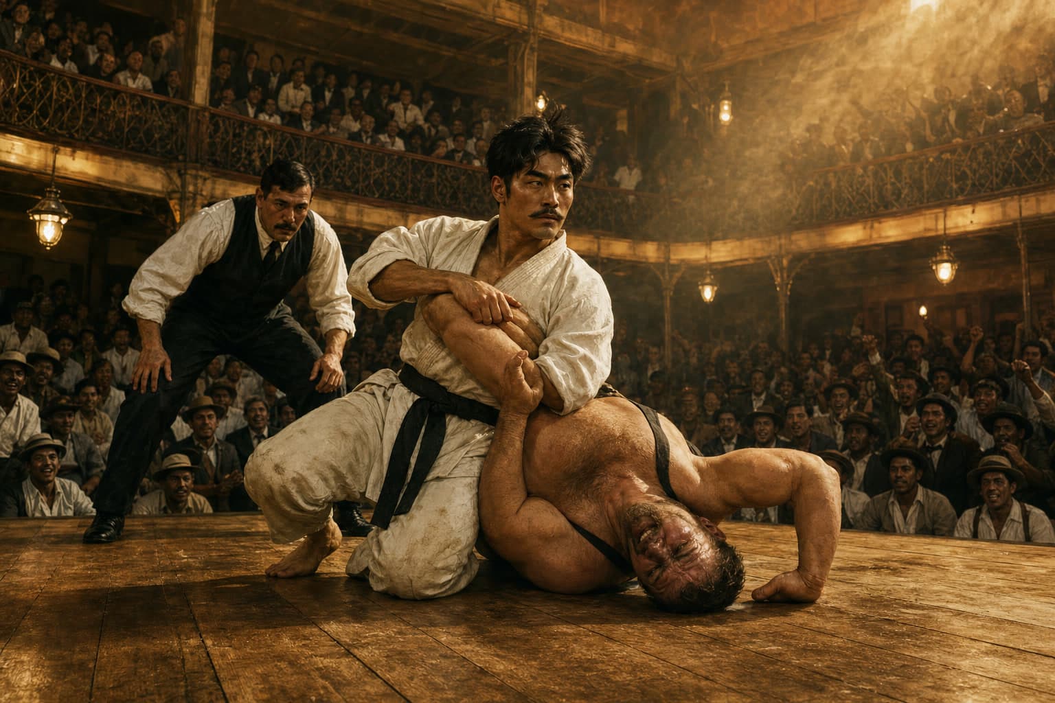 Conde Koma in a packed theater challenge match in Belém, Brazil, circa 1915